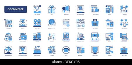 E commerce symbols covering online shopping, payment, delivery, promotion, search, budgeting customer support for retail and marketplace interfaces solid blue glyph line icons set vector illustration Stock Vector