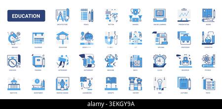 Education and school learning symbols covering subjects, teaching materials, online study, exams, books, science and academic achievement solid blue glyph line icons set vector illustration Stock Vector
