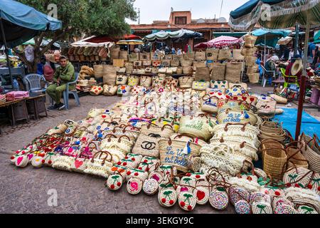 Hand woven baskets for sale in market stall in Plaza Rahba Kedima in the Souks area of the Medina in Marrakech, Morocco, North Africa Stock Photo