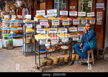 Spices on display in market stall in Plaza Rahba Kedima in the Souks area of the Medina in Marrakech, Morocco, North Africa Stock Photo