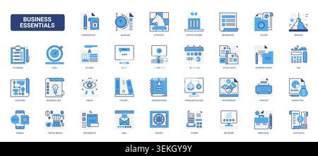 Business essentials for office workflow, planning, communication, documents, scheduling, finance and teamwork across daily corporate tasks solid blue glyph line icons set vector illustration Stock Vector