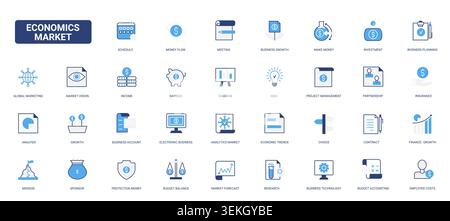 Economics market symbols showing finance growth planning investment analysis budgeting and business strategy for corporate reporting and economic management flat icons set vector illustration Stock Vector