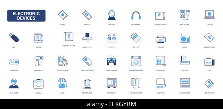 Electronic devices and household technology symbols featuring portable gadgets, audio gear, computing tools and home appliances solid blue glyph line icons set vector illustration Stock Vector