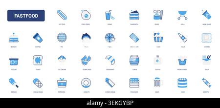 Fast food and takeaway menu symbols featuring burgers, pizza, drinks, desserts and street snacks for restaurant branding, delivery apps cafe signage solid blue glyph line icons set vector illustration Stock Vector