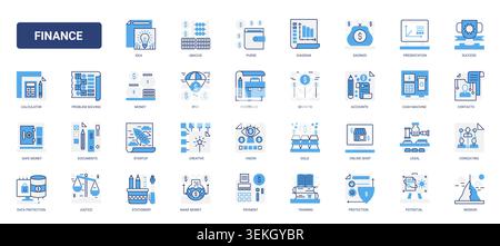 Finance and business management symbols covering banking, savings, payment, growth, legal services, consulting and data protection solid blue glyph line icons set vector illustration Stock Vector