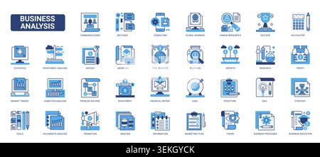 Business analysis and analytics symbols covering statistics, planning, growth, finance, strategy, research and reporting for corporate workflow solid blue glyph line icons set vector illustration Stock Vector