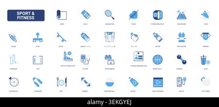 Sport and fitness themed symbols featuring workout gear, training tools, healthy lifestyle elements and exercise activities for wellness design solid blue glyph line icons set vector illustration Stock Vector