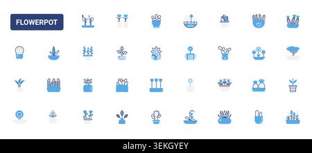 Decorative flowerpots with houseplants, succulents, cacti and blooming stems for home gardening, interior decor, botanical care plant shop themes solid blue glyph line icons set vector illustration Stock Vector