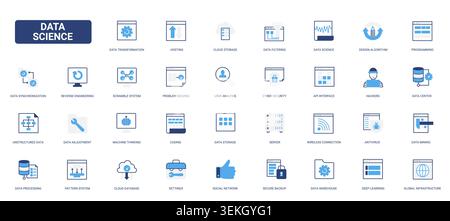 Data science and analytics symbols covering storage, coding, security, algorithms, servers and machine learning for digital technology workflows solid blue glyph line icons set vector illustration Stock Vector