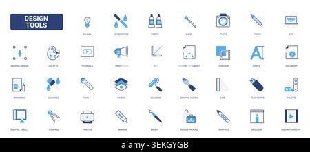 Creative design tools and graphic art elements for branding, drawing, editing and visual production workflows in digital and print media solid blue glyph line icons set vector illustration Stock Vector
