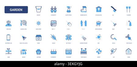 Gardening and backyard farming symbols featuring tools, plants, watering, harvest and outdoor care elements for seasonal home cultivation solid blue glyph line icons set vector illustration Stock Vector