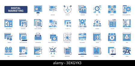 Digital marketing concept featuring SEO, social media, content, analytics, promotion and mobile campaign tools for online business growth solid blue glyph line icons set vector illustration Stock Vector