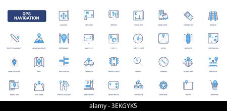 GPS navigation symbols for maps, routes, travel guidance and destination search across mobile, car, railway and tourism wayfinding interfaces solid blue glyph line icons set vector illustration Stock Vector