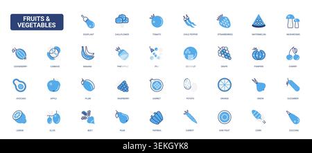 Blue fruit and vegetable food symbols of fresh produce varieties, grocery nutrition, farming. menu and healthy eating themes solid blue glyph line icons set vector illustration Stock Vector