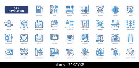GPS navigation symbols showing route planning, map pins, compass, transport paths and destination guidance for travel and location services solid blue glyph line icons set vector illustration Stock Vector