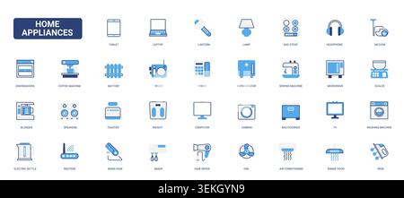 Household appliances and everyday electronic devices for kitchen cleaning laundry comfort and home technology interfaces solid blue glyph line icons set vector illustration Stock Vector