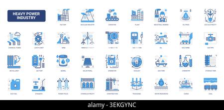 Heavy power industry symbols covering factories, nuclear plants, mining, oil, gas, electricity, chemistry and industrial infrastructure solid blue glyph line icons set vector illustration Stock Vector