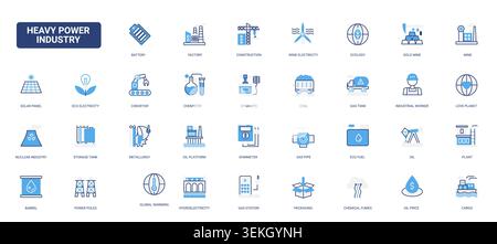 Heavy power industry, energy production symbols covering mining, fuel, electricity, metallurgy, chemistry, transport and industrial infrastructure solid blue glyph line icons set vector illustration Stock Vector