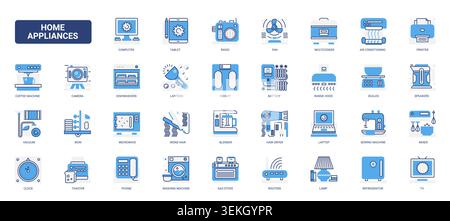 Household appliances and consumer electronics symbols covering kitchen cleaning climate and media devices for domestic technology themes solid blue glyph line icons set vector illustration Stock Vector