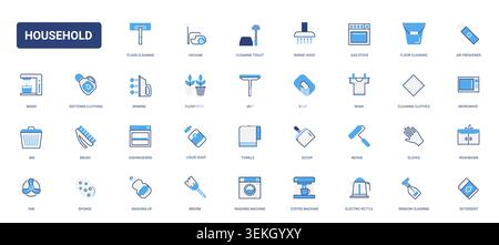 Household cleaning tools, laundry care and kitchen appliance symbols covering daily domestic chores, sanitation routines and home maintenance tasks solid blue glyph line icons set vector illustration Stock Vector