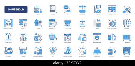 Household cleaning supplies, laundry tools and kitchen appliances for domestic chores, sanitation routines and everyday home maintenance solid blue glyph line icons set vector illustration Stock Vector