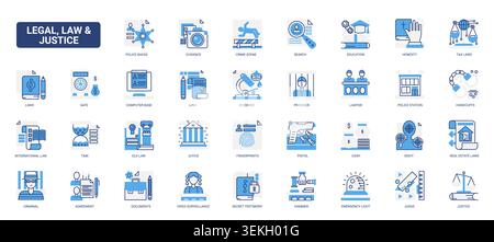 Vector legal, law and justice themed symbols covering courts, evidence, police, prison, judges, crime scenes, legal process for public safety judicial concepts solid blue glyph line icons set Stock Vector