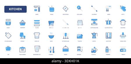 Kitchen utensils, cookware and cooking appliances for home meal preparation, baking and beverage service in a clean culinary equipment theme solid blue glyph line icons set vector illustration Stock Vector