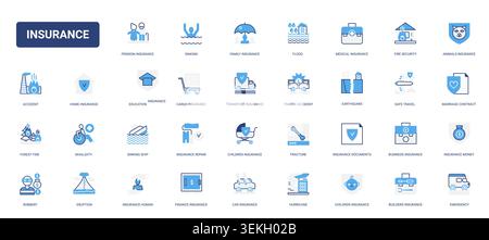 Insurance and risk protection symbols covering health, home, travel, transport, accident, disaster, finance and family safety services solid blue glyph line icons set vector illustration Stock Vector