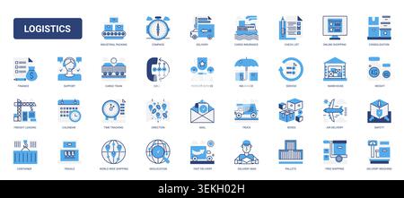 Logistics and shipping service symbols covering delivery, warehouse, cargo, freight, tracking, insurance and packaging workflows solid blue glyph line icons set vector illustration Stock Vector
