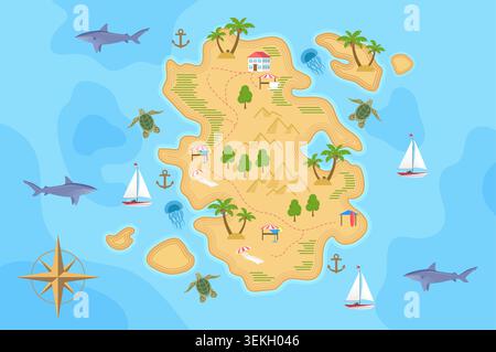 Colorful tropical island sea map with beaches, palms, boats, turtles, sharks, jellyfish, compass and travel route details for vacation, navigation and tourism design vector illustration Stock Vector