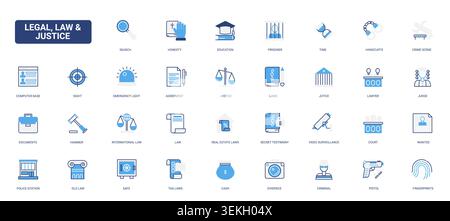 Legal law and justice themed symbols covering court procedure, evidence, crime, prison, attorney work and public safety services solid blue glyph line icons set vector illustration Stock Vector