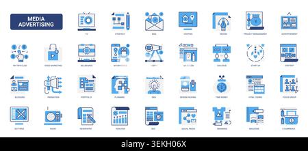 Media advertising concepts covering promotion, branding, content, analytics, ecommerce and digital communication tools for business campaigns solid blue glyph line icons set vector illustration Stock Vector