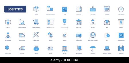 Logistics and shipping service symbols covering delivery, warehouse, cargo, tracking, insurance and freight operations for transport workflows solid blue glyph line icons set vector illustration Stock Vector