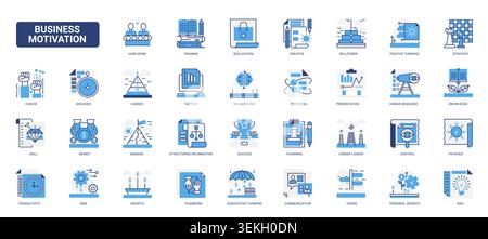 Business motivation concepts showing strategy, training, teamwork, growth, planning and success for career development and productivity goals solid blue glyph line icons set vector illustration Stock Vector