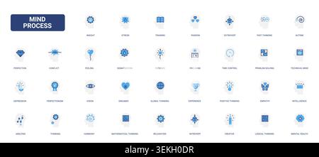 Mind process concept symbols showing thinking, emotion, intelligence, creativity, stress, empathy and mental health for psychology and self development themes flat icons set vector illustration Stock Vector