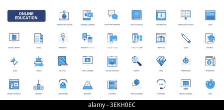 Online education symbols showing distance learning, video lessons, books, webinars, tests and digital study tools for e learning platforms solid blue glyph line icons set vector illustration Stock Vector