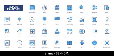 Education symbols covering online learning, science, library, research, lectures, mentoring and academic achievement for digital school content solid blue glyph line icons set vector illustration Stock Vector
