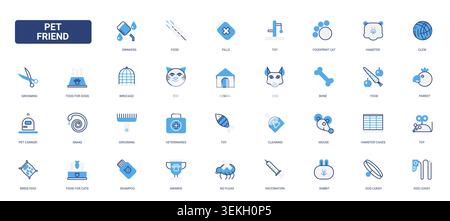 Pet care symbols featuring domestic animals grooming tools, food, toys, veterinary items and accessories for clinics, shops and pet service branding solid blue glyph line icons set vector illustration Stock Vector