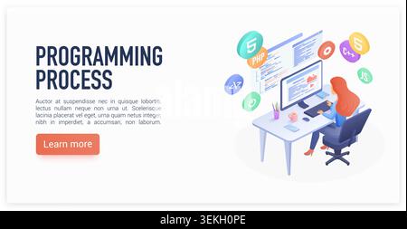 Isometric woman developer coding at desktop computer with software screens, web languages and office desk setup for programming process landing page isolated on white background vector illustration Stock Vector