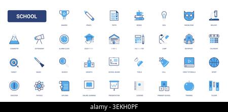 School education symbols featuring learning tools, science subjects, classroom objects, academic activities for teaching, study student resources solid blue glyph line icons set vector illustration Stock Vector