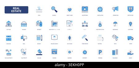 Real estate property services symbols covering home search, contract, insurance, mortgage, repair, utilities, moving and building management solid blue glyph line icons set vector illustration Stock Vector
