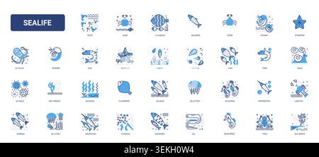 Marine life symbols featuring fish, shellfish, jellyfish, seahorse, starfish sea plants for ocean wildlife themes, seafood menus aquatic education solid blue glyph line icons set vector illustration Stock Vector