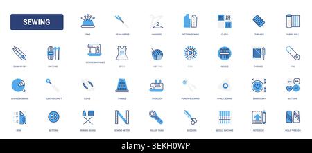 Sewing and tailoring equipment symbols showing needles, pins, scissors, thread, fabric, machines and dressmaking supplies for craft and textile use solid blue glyph line icons set vector illustration Stock Vector