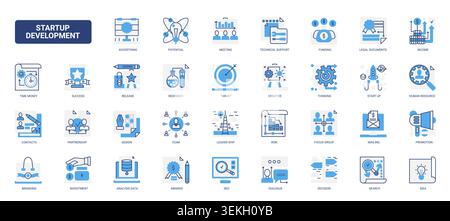 Startup development concepts showing funding, research, teamwork, leadership, branding, growth planning for business innovation and launch support solid blue glyph line icons set vector illustration Stock Vector
