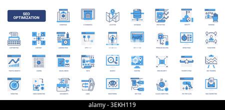 SEO optimization symbols for search ranking, traffic growth, content strategy, analytics, security and digital marketing workflows solid blue glyph line icons set vector illustration Stock Vector