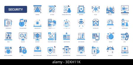 Security and protection symbols covering antivirus, firewall, surveillance, passwords, locks and cyber defense for digital and physical safety solid blue glyph line icons set vector illustration Stock Vector