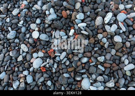 Natural pattern of smooth rounded pebbles and volcanic stones on a beach in Tenerife, Canary Islands. Abstract texture background in gray, blue and ea Stock Photo