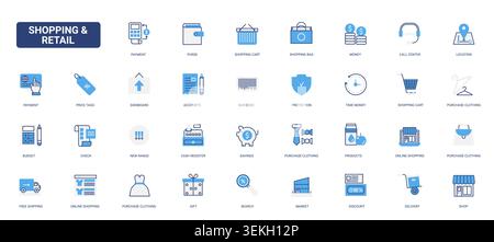 Shopping and retail commerce symbols for payment, carts, bags, pricing, delivery, store service and online buying workflows solid blue glyph line icons set vector illustration Stock Vector