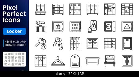 Locker room line icons set. Parcel delivery storage, automated postamat terminal, smart QR code lock, key flat minimal vector illustration. Simple Stock Vector