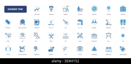 Summer vacation and beach leisure symbols featuring travel, water sports, picnic, sunshine and holiday essentials for seasonal tourism design solid blue glyph line icons set vector illustration Stock Vector